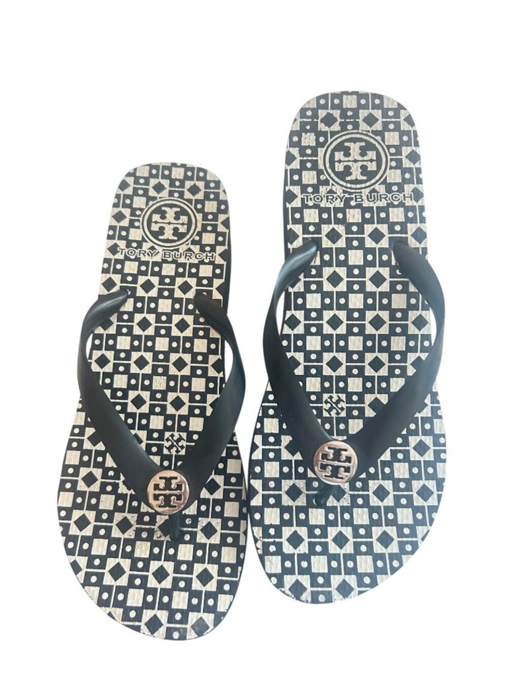 Tory Burch Womens Black & White Logo Flip Flops Size 8-8.5 Geometric Rubber